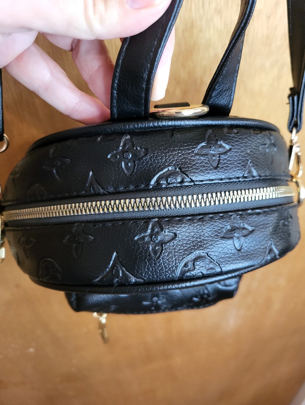 Designer Inspired Black Embossed Mini Backpack with Gold Hardware. - Picture 10 of 16